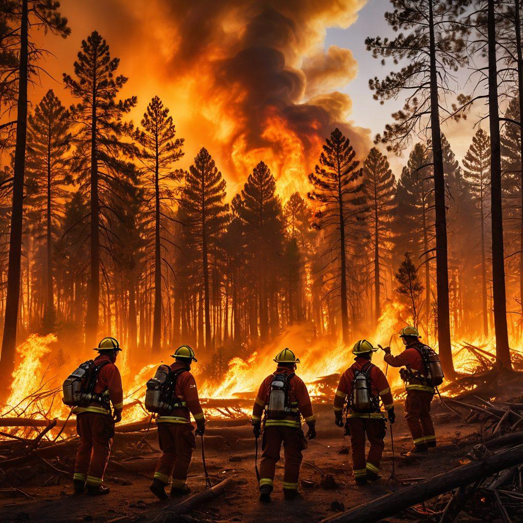 A dynamic scene showcasing firefighters using advanced tools and drones to manage wildfires, with flames illuminating a forest backdrop. Include educational elements like infographics about fire techniques and community workshops. Showcase diverse team collaboration with a sunset sky for dramatic effect. super-realistic. vibrant colors. action-packed.