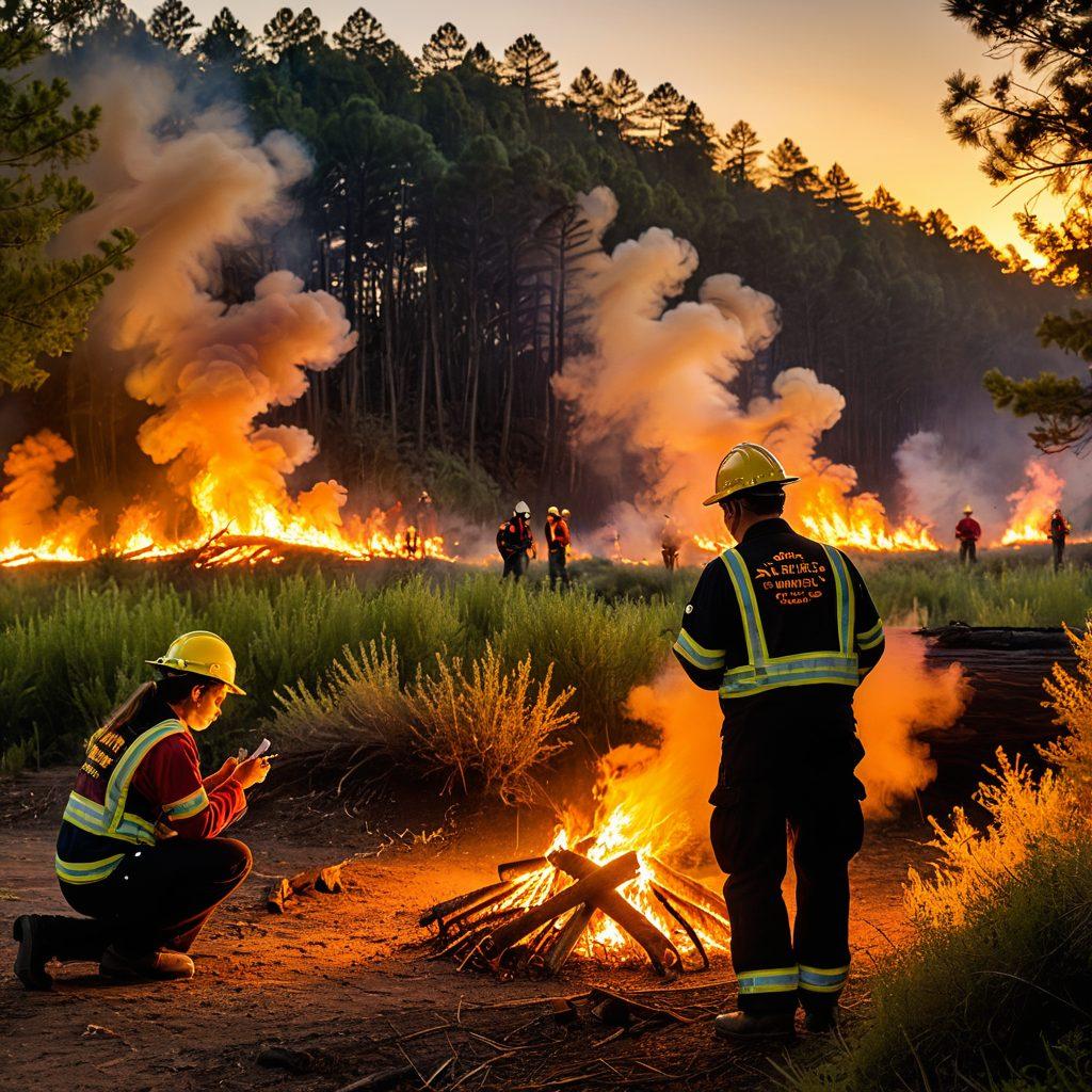 A serene landscape showcasing a community surrounded by lush greenery, with preventative fire barriers like controlled burn areas and firebreaks clearly visible. Include fire management experts in discussion, holding tools and maps, while a sunset casts a warm glow over the scene, symbolizing hope and vigilance. Emphasize community resilience with families participating in fire safety drills. vibrant colors. super-realistic.