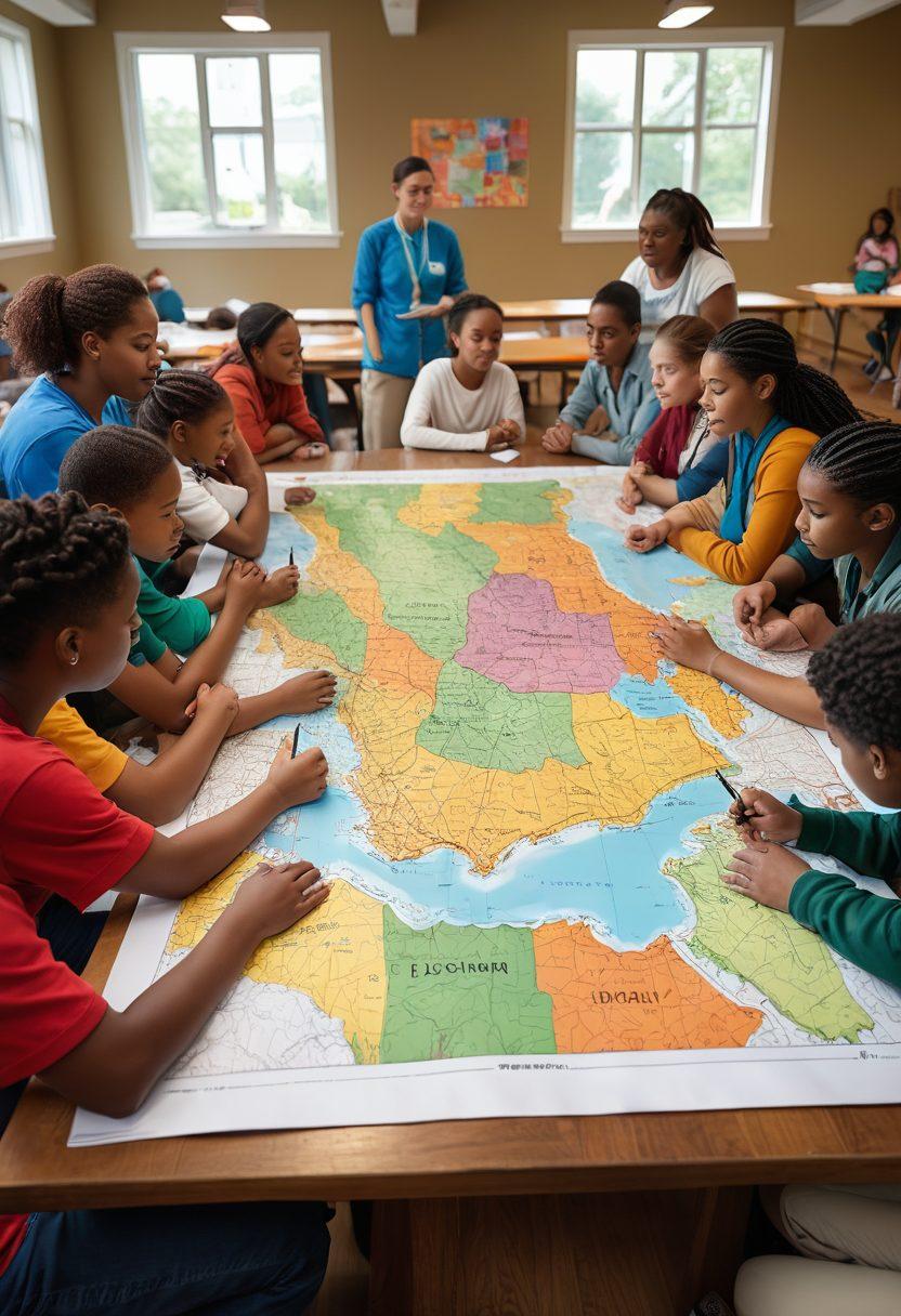 A diverse group of community members working together to create an emergency preparedness plan, with a large map and emergency kits spread out on a table. Scenes of collaboration: people discussing strategies, children engaging with adults, a backdrop of a vibrant community center. The atmosphere should reflect hope, teamwork, and readiness. super-realistic. vibrant colors. warm lighting.